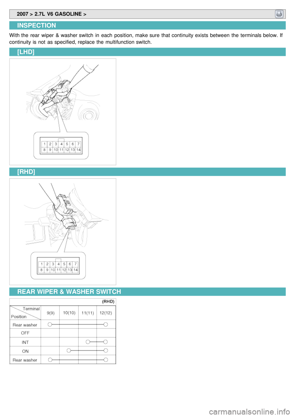 KIA CARNIVAL 2007  Workshop Manual  2007 > 2.7L  V6 GASOLINE > 
INSPECTION
With the  rear  wiper  & washer switch  in  each  position, make sure  that continuity exists  between  the  terminals below. If
continuity is not  as specified