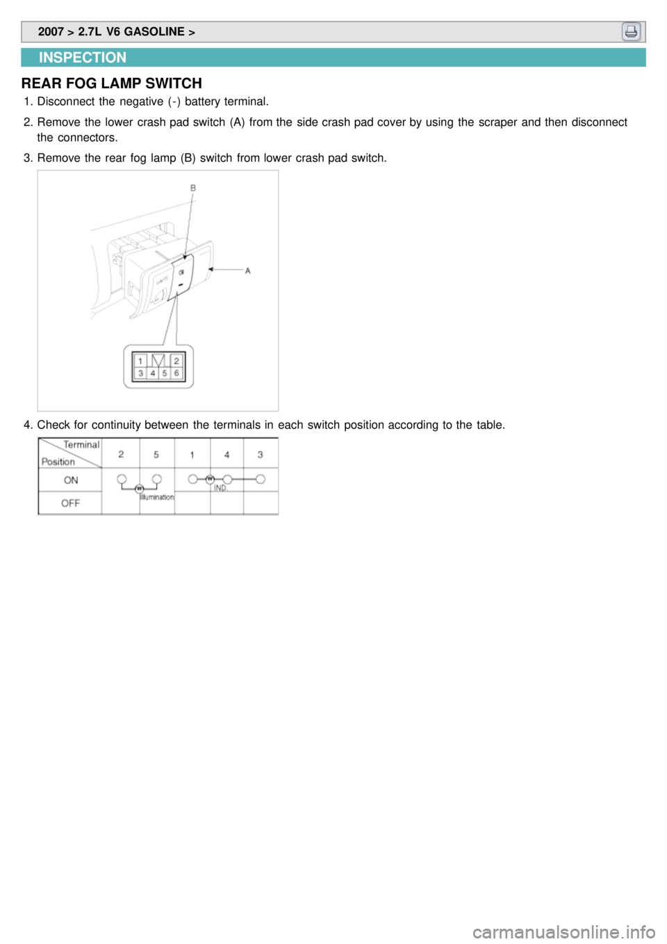 KIA CARNIVAL 2007  Workshop Manual  2007 > 2.7L  V6 GASOLINE > 
INSPECTION
REAR FOG LAMP SWITCH
1. Disconnect  the  negative  ( - )  battery terminal.
2. Remove the  lower  crash pad switch  (A)  from the  side crash pad cover by using