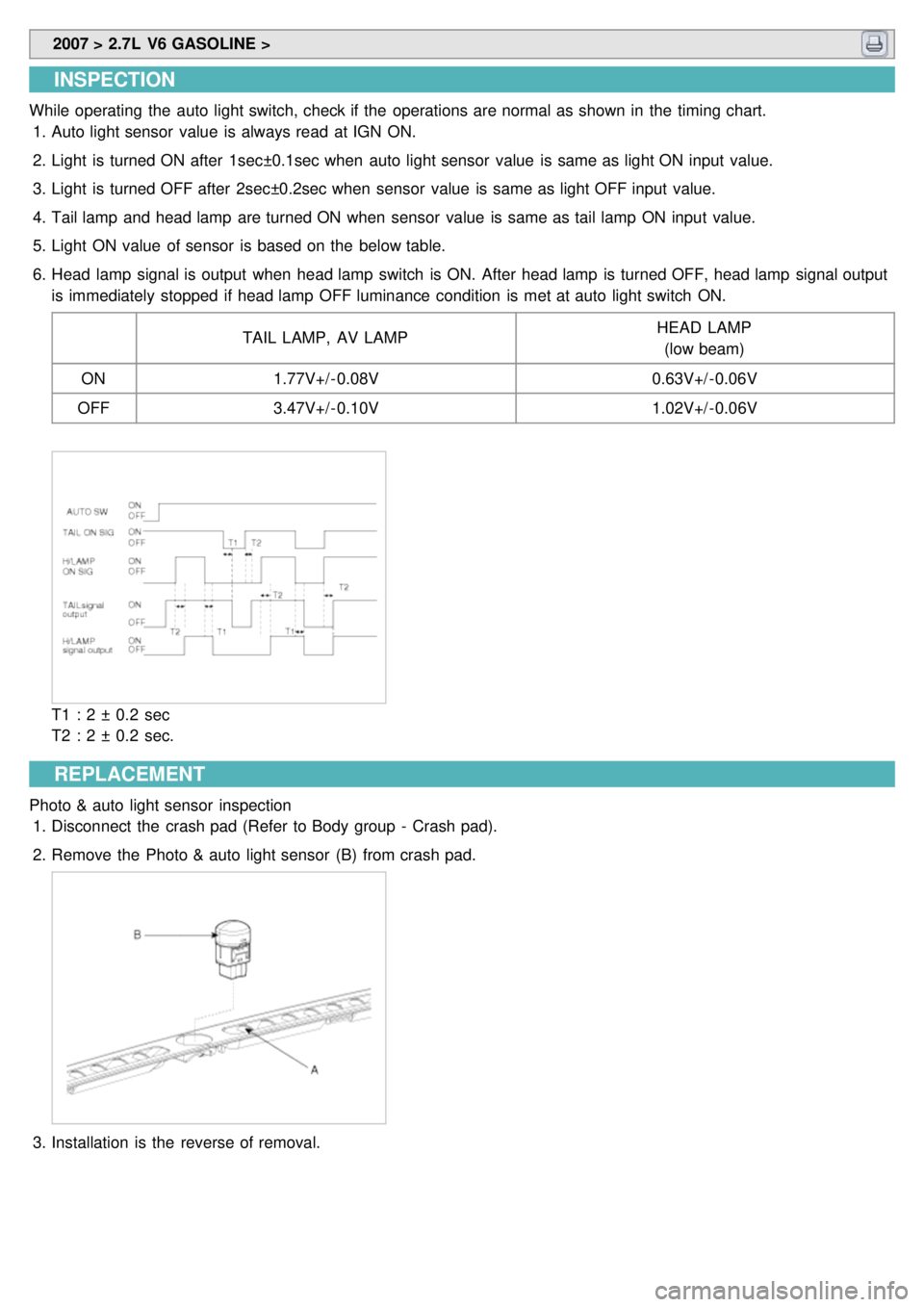 KIA CARNIVAL 2007  Workshop Manual  2007 > 2.7L  V6 GASOLINE > 
INSPECTION
While operating  the  auto  light switch, check if the  operations are normal as shown in  the  timing chart.
1. Auto light sensor  value  is always read  at IG