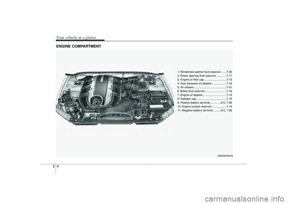 KIA AMANTI 2009  Owners Manual Your vehicle at a glance42ENGINE COMPARTMENT
OGH057001N
1. Windshield washer fluid reservoir .......7-20
2. Power steering fluid reservoir .............7-17
3. Engine oil filler cap ..................