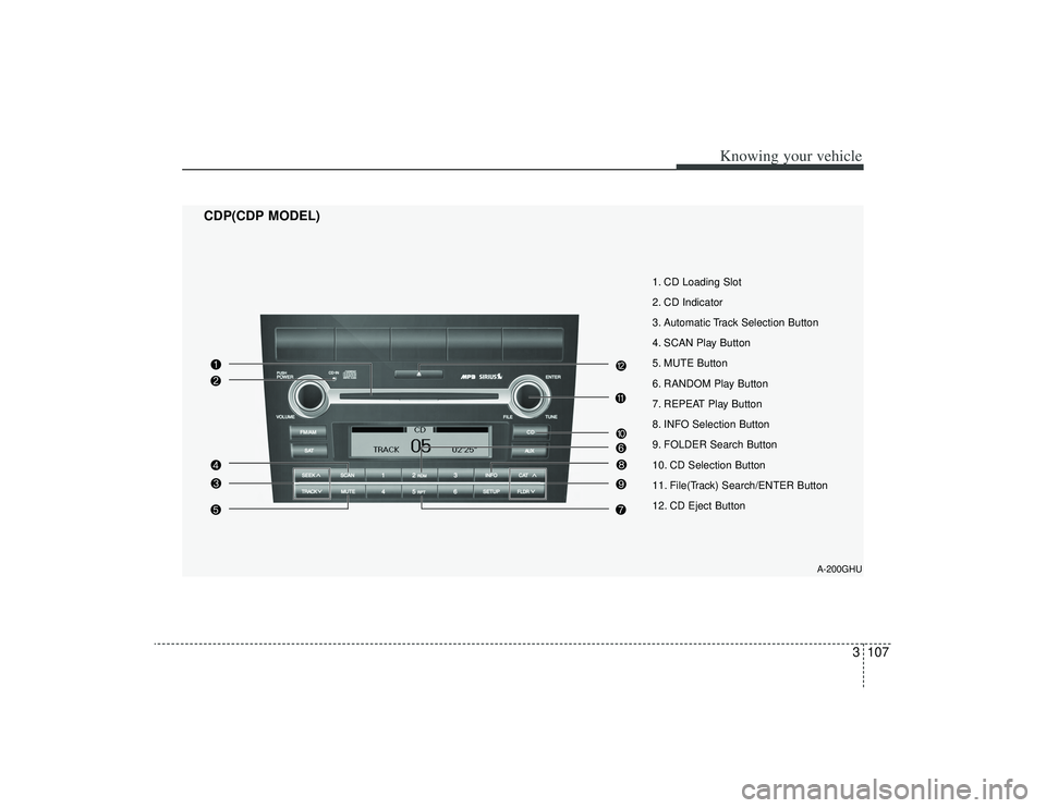 KIA AMANTI 2009  Owners Manual 3107
Knowing your vehicle
A-200GHU
1. CD Loading Slot
2. CD Indicator
3. Automatic Track Selection Button
4. SCAN Play Button
5. MUTE Button
6. RANDOM Play Button
7. REPEAT Play Button
8. INFO Selecti