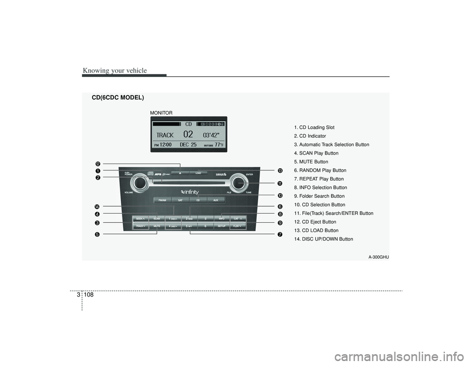 KIA AMANTI 2009  Owners Manual Knowing your vehicle108
3
A-300GHU
1. CD Loading Slot
2. CD Indicator
3. Automatic Track Selection Button
4. SCAN Play Button
5. MUTE Button
6. RANDOM Play Button
7. REPEAT Play Button
8. INFO Selecti