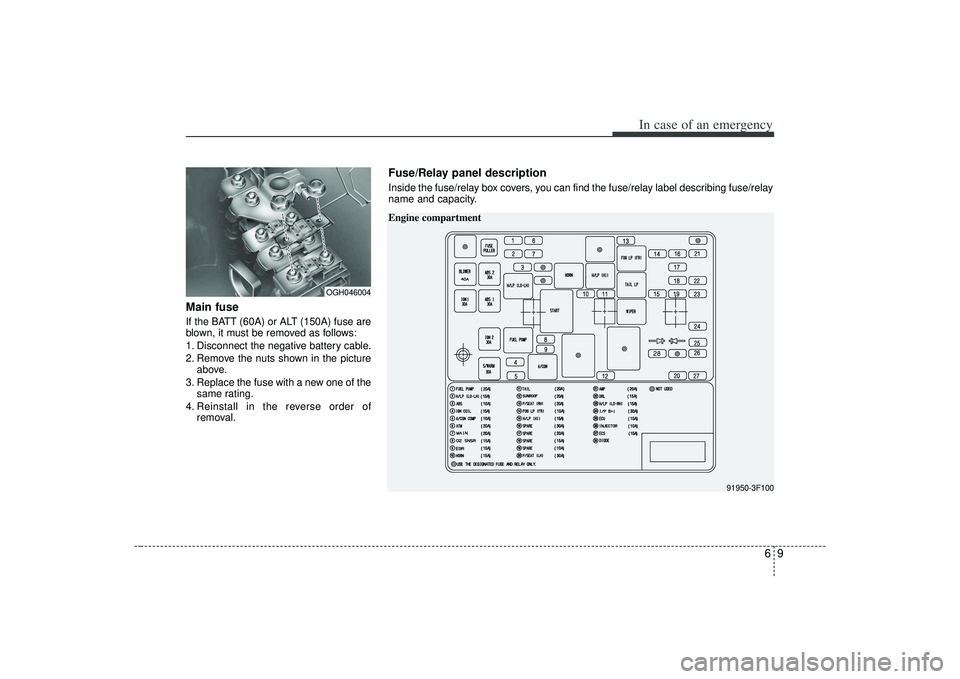 KIA AMANTI 2009  Owners Manual 69
In case of an emergency
Main fuseIf the BATT (60A) or ALT (150A) fuse are
blown, it must be removed as follows:
1. Disconnect the negative battery cable.
2. Remove the nuts shown in the pictureabov