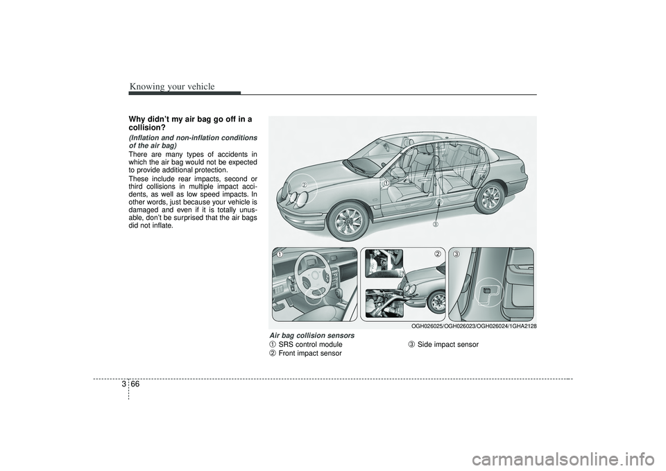 KIA AMANTI 2009  Owners Manual Knowing your vehicle66
3Why didn’t my air bag go off in a
collision? (Inflation and non-inflation conditions
of the air bag)There are many types of accidents in
which the air bag would not be expect