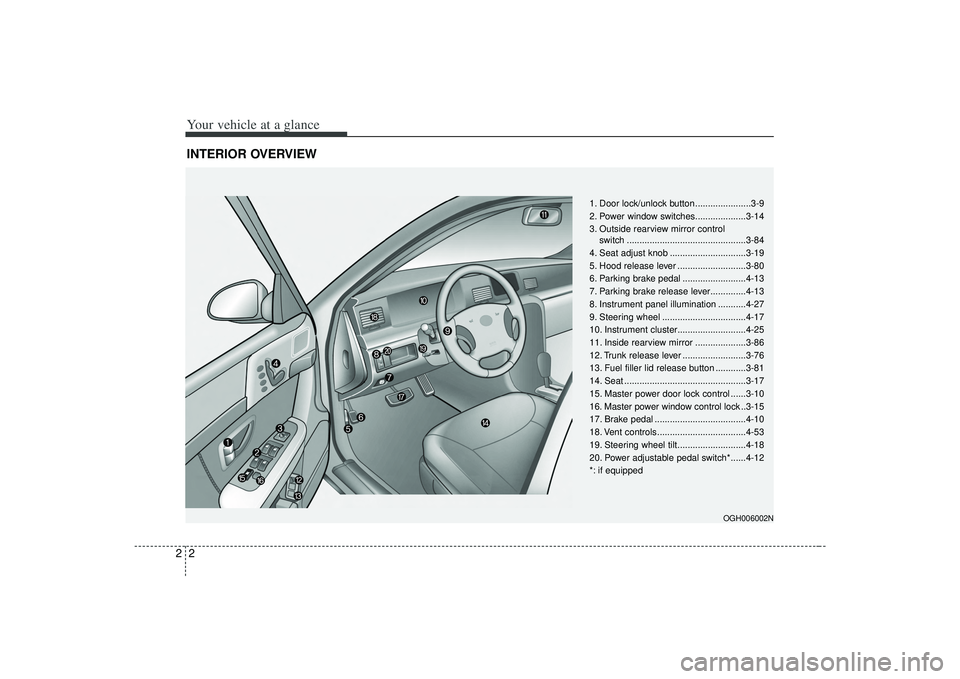 KIA AMANTI 2009 Owners Manual Your vehicle at a glance22INTERIOR OVERVIEW
OGH006002N
1. Door lock/unlock button ......................3-9
2. Power window switches....................3-14
3. Outside rearview mirror control switch . KIA AMANTI 2009 Owners Manual Your vehicle at a glance22INTERIOR OVERVIEW
OGH006002N
1. Door lock/unlock button ......................3-9
2. Power window switches....................3-14
3. Outside rearview mirror control switch .