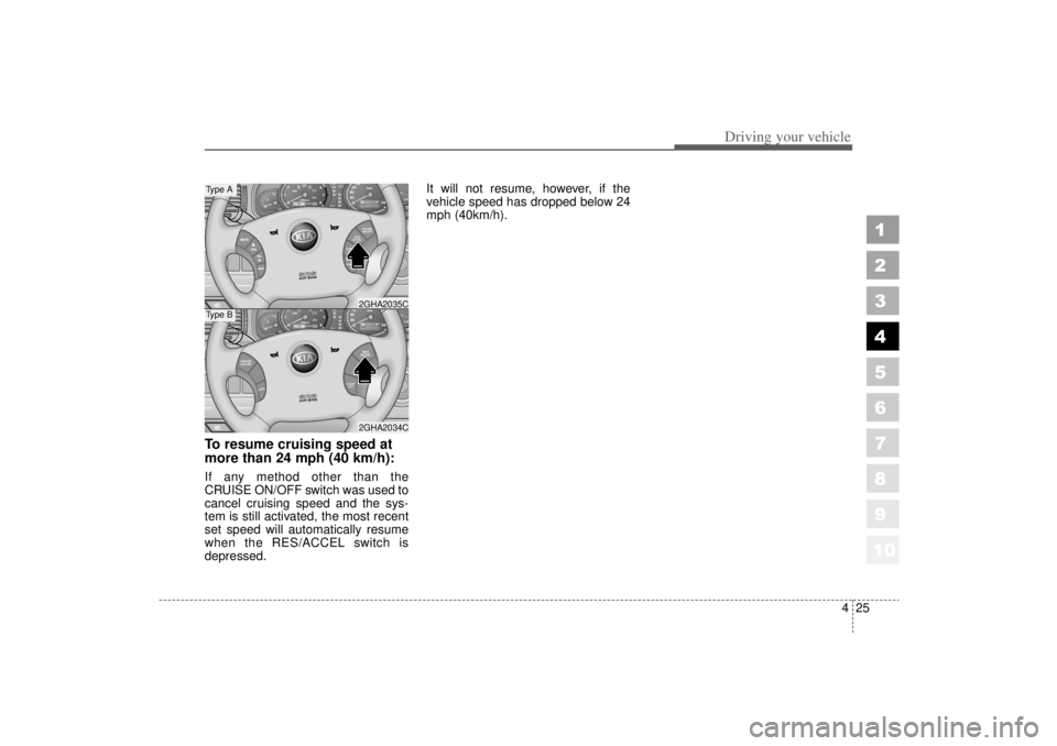 KIA AMANTI 2006  Owners Manual 425
1
2
3
4
5
6
7
8
910
Driving your vehicle
To resume cruising speed at
more than 24 mph (40 km/h):If any method other than the
CRUISE ON/OFF switch was used to
cancel cruising speed and the sys-
tem