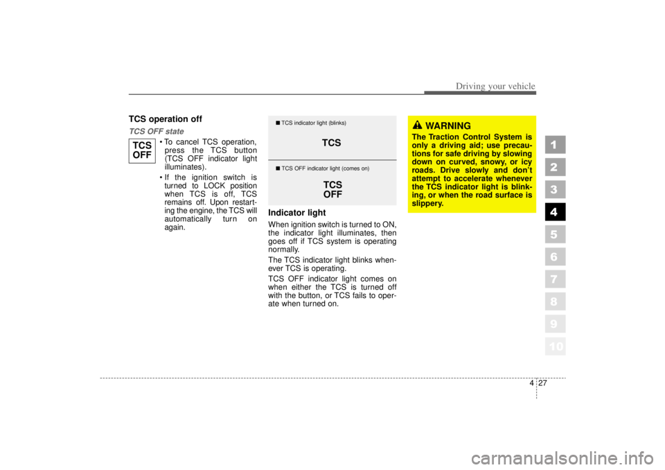 KIA AMANTI 2006  Owners Manual 427
1
2
3
4
5
6
7
8
910
Driving your vehicle
TCS operation offTCS OFF state
 To cancel TCS operation,press the TCS button
(TCS OFF indicator light
illuminates).
 If the ignition switch is turned to 
