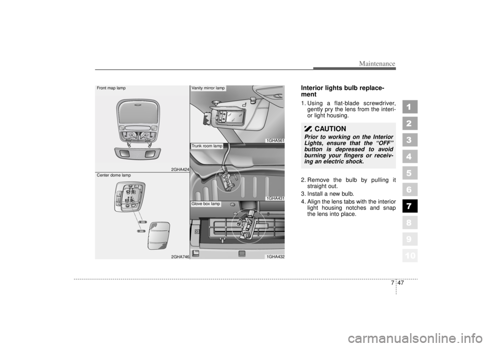 KIA AMANTI 2006  Owners Manual 747
Maintenance
1
2
3
4
5
6
7
8
910
Interior lights bulb replace-
ment1. Using a flat-blade screwdriver,gently pry the lens from the interi-
or light housing.
2. Remove the bulb by pulling it straight