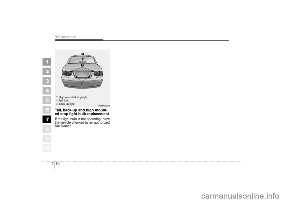 KIA AMANTI 2006  Owners Manual Maintenance50
7
1
2
3
4
5
6
7
8
910
Tail, back-up and high mount-
ed stop light bulb replacementIf the light bulb is not operating, have
the vehicle checked by an authorized
Kia Dealer.➀ High mounte