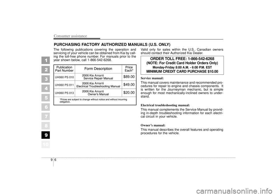KIA AMANTI 2006  Owners Manual Consumer assistance69
1
2
3
4
5
6
7
8
910
PURCHASING FACTORY AUTHORIZED MANUALS (U.S. ONLY)The following publications covering the operation and
servicing of your vehicle can be obtained from Kia by c