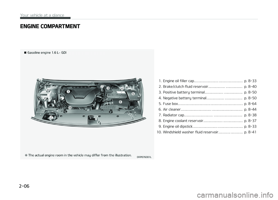 KIA CARENS 2018  Owners Manual ENGINE COMPARTMENT
1. Enþinü oil ýillür cap.......................... ..........................  p. 8-33 
2. Brakü/clutch ýluid rüsürvoir.................. ..................  p. 8-40
3. ços