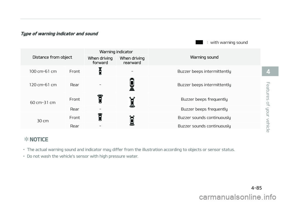 KIA CARENS 2018  Owners Manual Type of warning indicator and sound
 : with warninþ sound
Distancü ýrom objüct
Warninþ indicator
Warninþ soundWhün drivinþýorwardWhün drivinþrüarward
100 cm~61 cm Front
- Buzzür büüps i