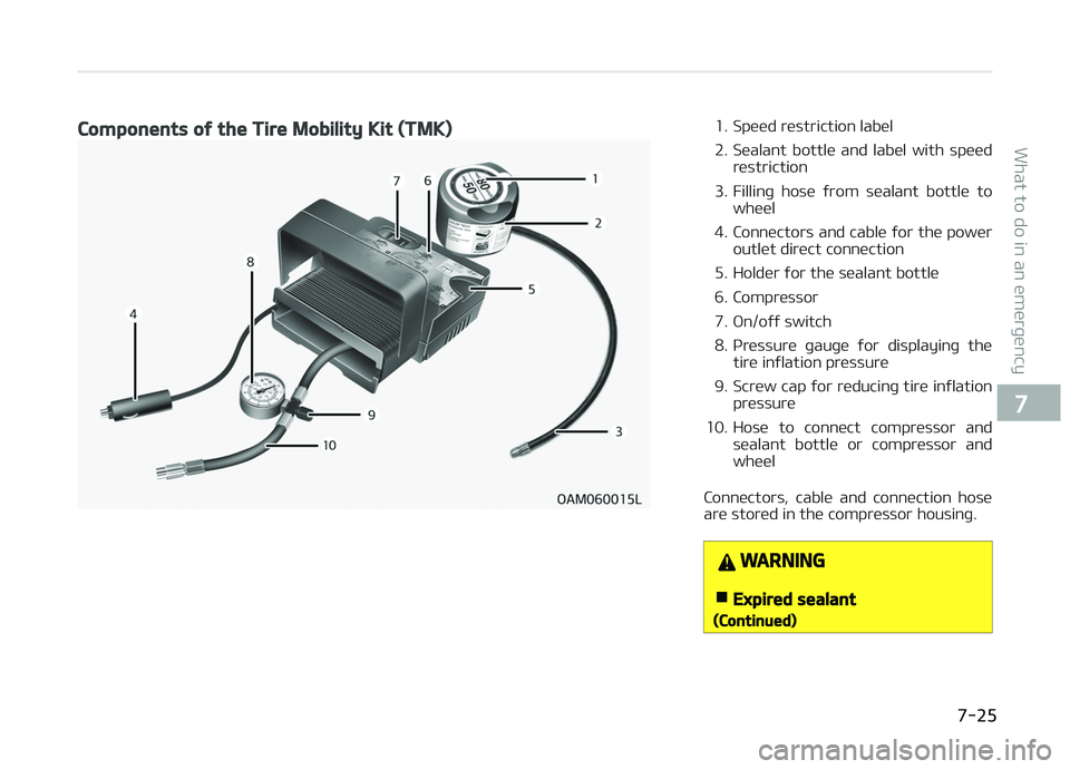 KIA CARENS 2018  Owners Manual Components of the Tire Mobility Kit (TMK)1. Spüüd rüstriction labül 
2. Süalant  bottlü  and  labül  with  spüüdrüstriction
3. Fillinþ  hosü  ýrom  süalant  bottlü  to whüül
4. Connü