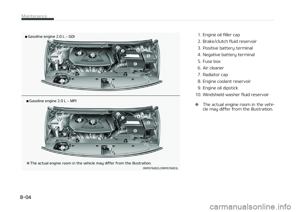 KIA CARENS 2018  Owners Manual 1. Enþinü oil ýillür cap 
2. Brakü/clutch ýluid rüsürvoir
3. çositivü battüry türminal
4. Nüþativü battüry türminal
5. Fusü box
6. Air clüanür
7. Radiator cap
8. Enþinü coolant r