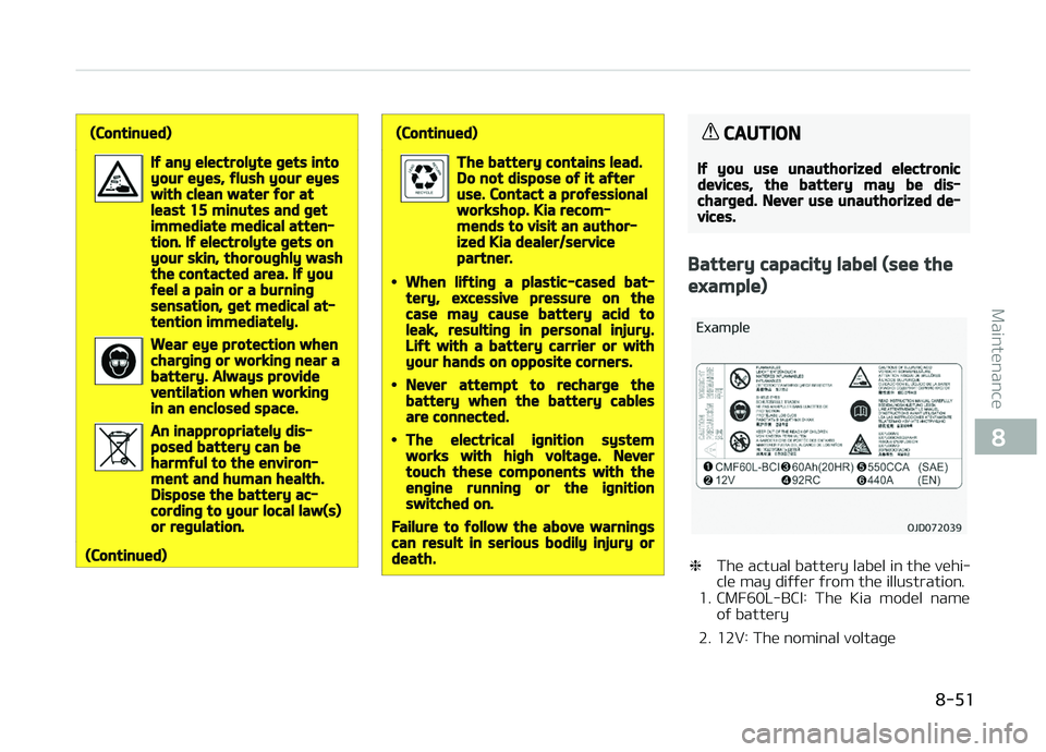 KIA CARENS 2018 Owners Manual (Continued)
If any electrolyte gets intoyour eyes, flush your eyeswith clean water for atleast 15 minutes and getimmediate medical atten‐tion. If electrolyte gets onyour skin, thoroughly washthe con KIA CARENS 2018 Owners Manual (Continued)
If any electrolyte gets intoyour eyes, flush your eyeswith clean water for atleast 15 minutes and getimmediate medical atten‐tion. If electrolyte gets onyour skin, thoroughly washthe con