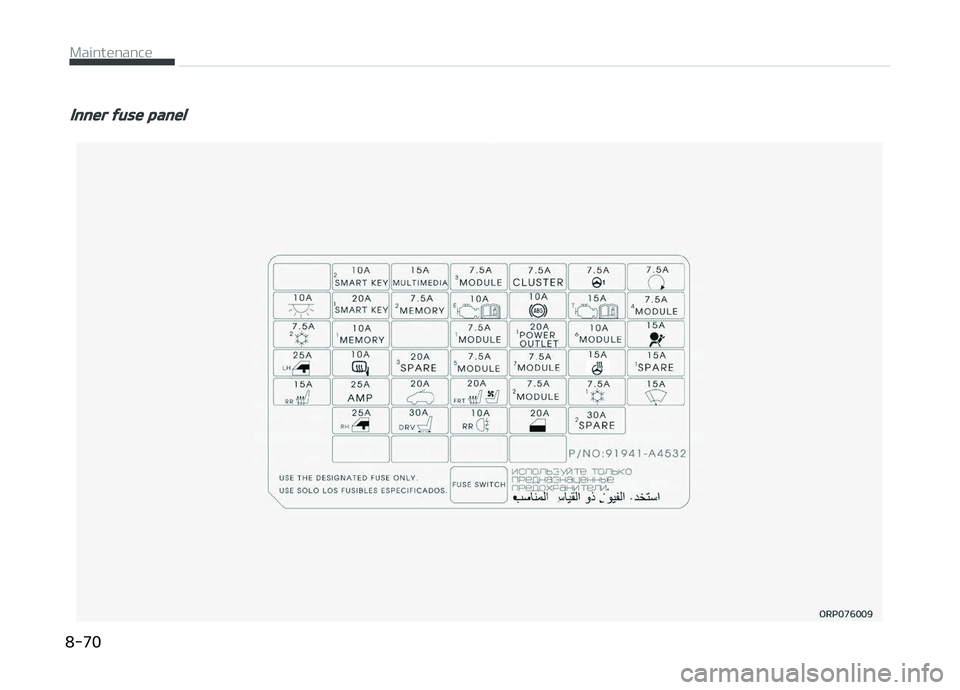 KIA CARENS 2018  Owners Manual Inner fuse panel
 
Maintünancü  
8-70  