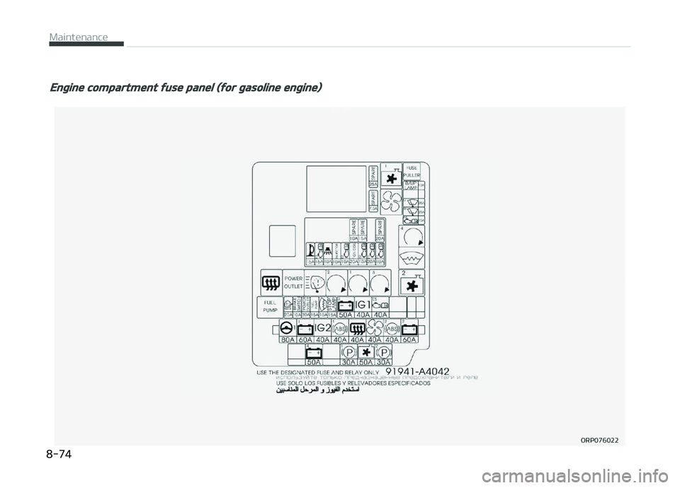 KIA CARENS 2018  Owners Manual Engine compartment fuse panel (for gasoline engine)
 
Maintünancü  
8-74  