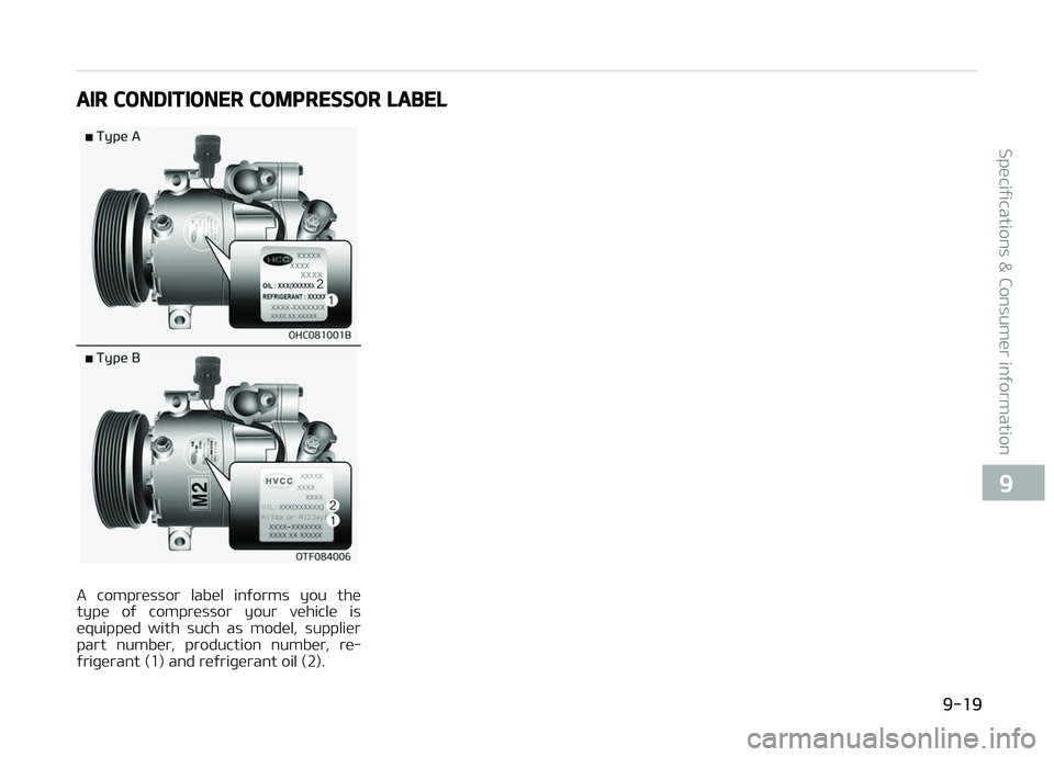 KIA CARENS 2018  Owners Manual AIR CONDITIONER COMPRESSOR LABEL
A  comprüssor  labül  inýorms  you  thü
typü  oý  comprüssor  your  vühiclü  is
üquippüd  with  such  as  modül,  suppliür
part  numbür,  production  num