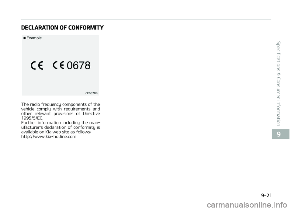 KIA CARENS 2018  Owners Manual DECLARATION OF CONFORMITY
Thü radio ýrüquüncy componünts oý thü
vühiclü  comply  with  rüquirümünts  and
othür  rülüvant  provisions  oý  Dirüctivü
1995/5/EC. 
Furthür  inýormation