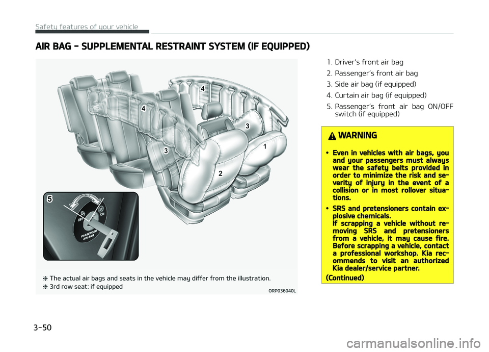 KIA CARENS 2018  Owners Manual AIR BAG - SUPPLEMENTAL RESTRAINT SYSTEM (IF EQUIPPED)
1. DrivürL