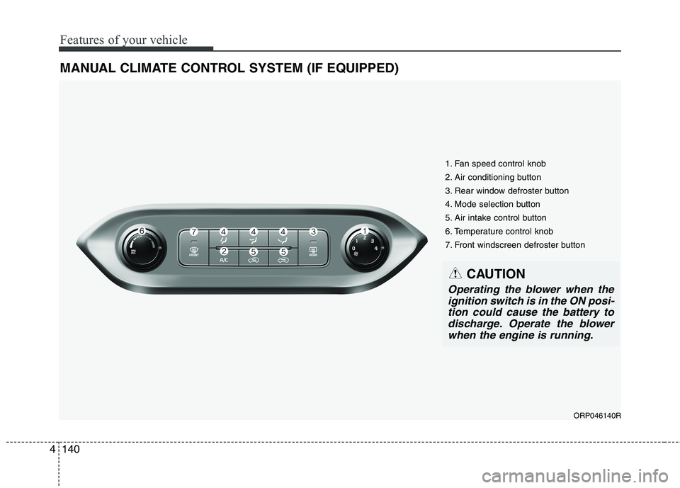 KIA CARENS RHD 2017  Owners Manual Features of your vehicle
140
4
MANUAL CLIMATE CONTROL SYSTEM (IF EQUIPPED)
ORP046140R
1. Fan speed control knob 
2. Air conditioning button 
3. Rear window defroster button
4. Mode selection button
5.