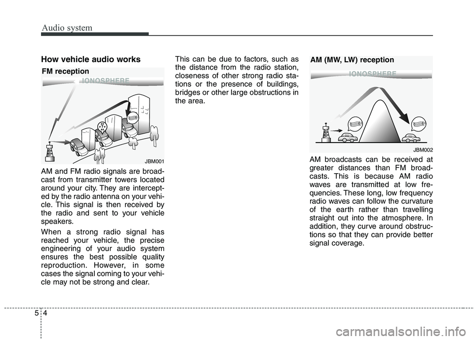 KIA CARENS RHD 2017  Owners Manual Audio system
4
5
How vehicle audio works 
AM and FM radio signals are broad- 
cast from transmitter towers located
around your city. They are intercept-
ed by the radio antenna on your vehi-
cle. This