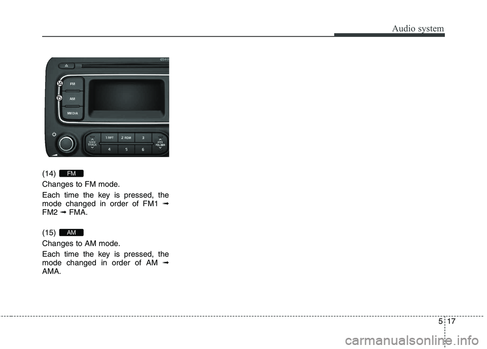 KIA CARENS RHD 2017  Owners Manual 517
Audio system
(14)  
Changes to FM mode.
Each time the key is pressed, the mode changed in order of FM1 ➟
FM2  ➟FMA.
(15)  
Changes to AM mode.
Each time the key is pressed, the mode changed in