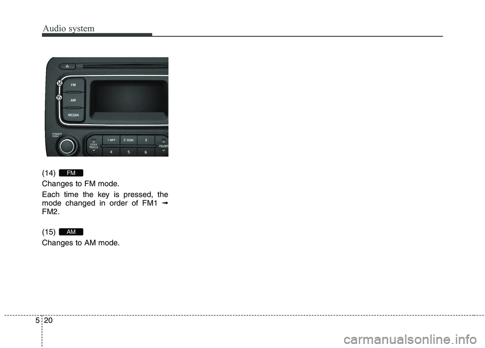 KIA CARENS RHD 2017  Owners Manual Audio system
20
5
(14)  
Changes to FM mode.
Each time the key is pressed, the mode changed in order of FM1  ➟
FM2. (15)  
Changes to AM mode.
AM
FM  