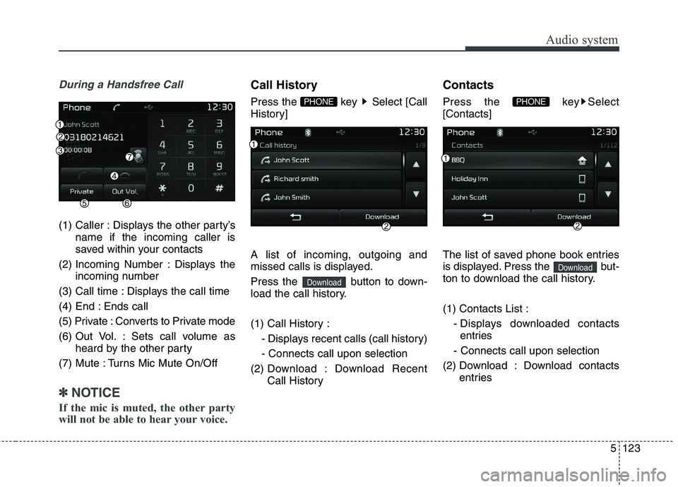 KIA CARENS RHD 2017  Owners Manual 5123
Audio system
During a Handsfree Call
(1) Caller : Displays the other party’sname if the incoming caller is 
saved within your contacts
(2) Incoming Number : Displays the incoming number
(3) Cal