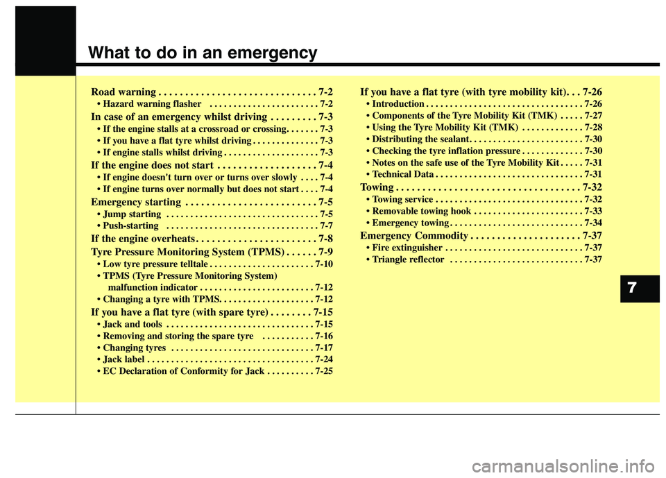 KIA CARENS RHD 2017  Owners Manual What to do in an emergency
Road warning . . . . . . . . . . . . . . . . . . . . . . . . . . . . . . 7-2• Hazard warning flasher   . . . . . . . . . . . . . . . . . . . . . . . 7-2
In case of an emer