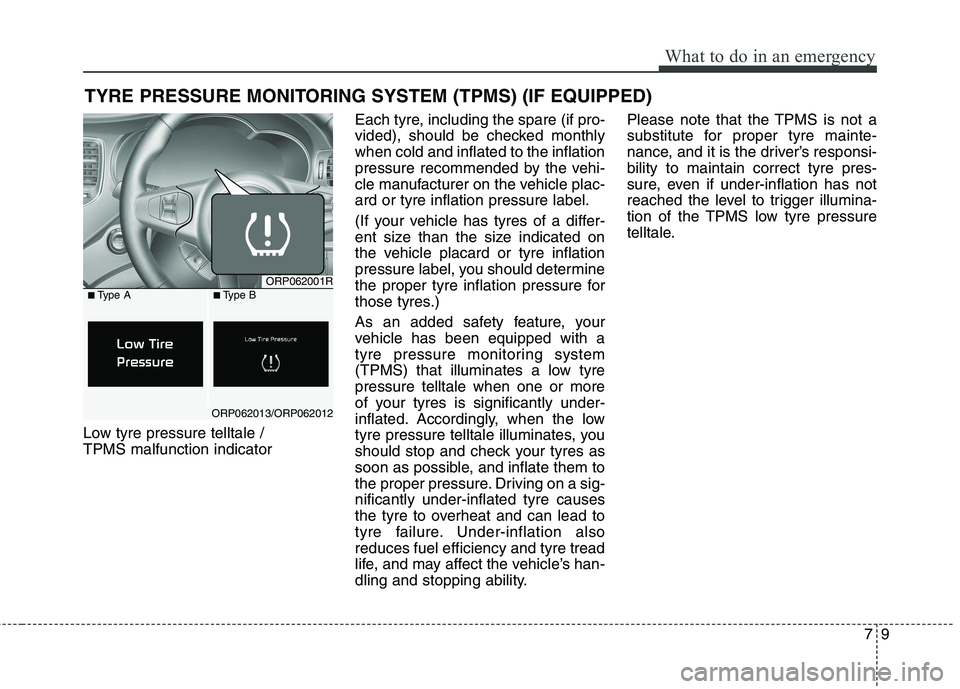 KIA CARENS RHD 2017  Owners Manual 79
What to do in an emergency
TYRE PRESSURE MONITORING SYSTEM (TPMS) (IF EQUIPPED)
Low tyre pressure telltale /  TPMS malfunction indicator Each tyre, including the spare (if pro-
vided), should be ch