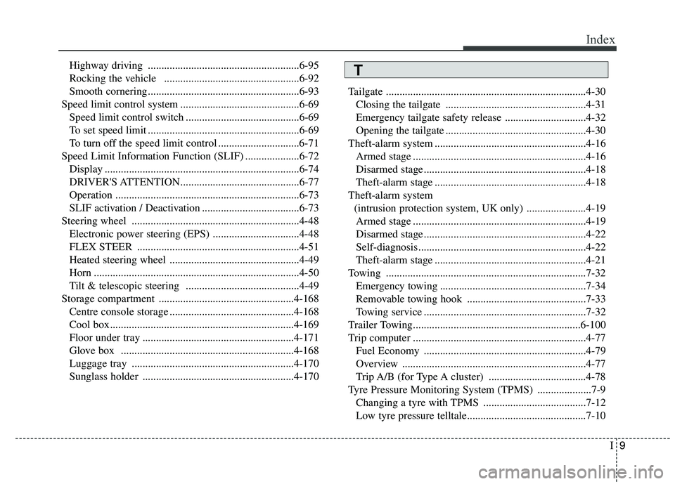 KIA CARENS RHD 2017  Owners Manual I9
Index
Highway driving ........................................................6-95 
Rocking the vehicle   ..................................................6-92
Smooth cornering ...................
