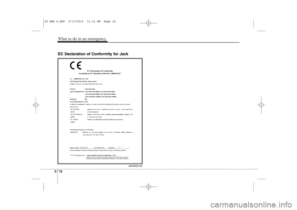 KIA CEED 2015  Owners Manual What to do in an emergency
18
6
EC Declaration of Conformity for Jack
JACKDOC14S
JD RHD 6.QXP  2/17/2015  11:15 AM  Page 18  