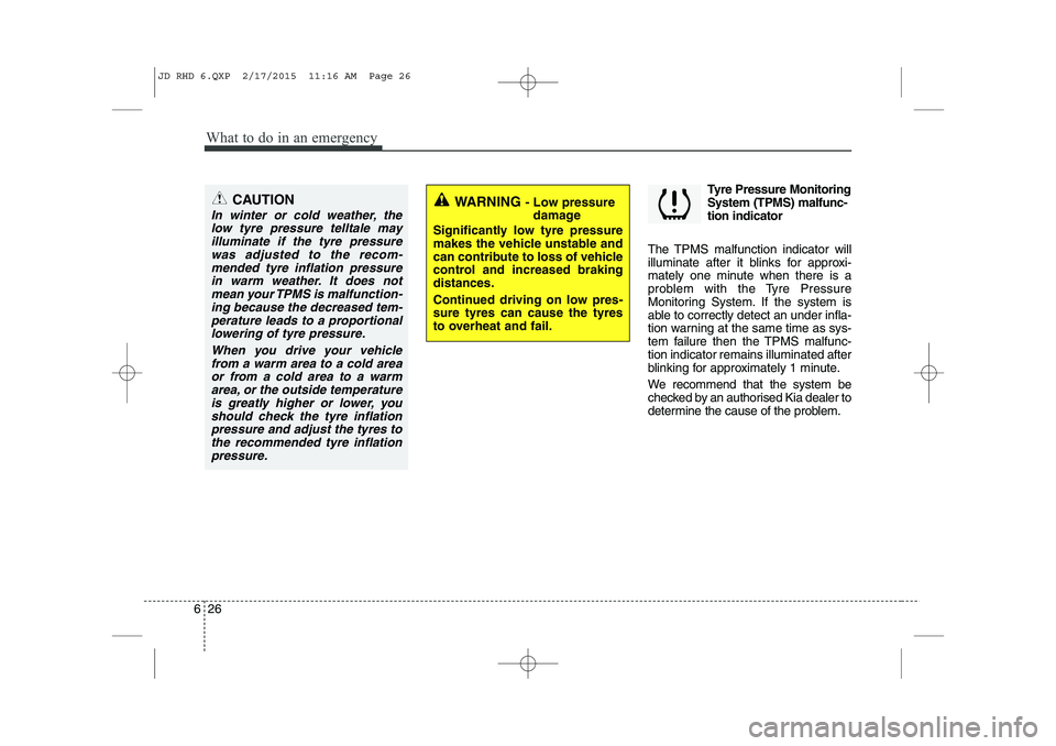KIA CEED 2015  Owners Manual What to do in an emergency
26
6
Tyre Pressure Monitoring System (TPMS) malfunc-tion indicator
The TPMS malfunction indicator will
illuminate after it blinks for approxi-
mately one minute when there i