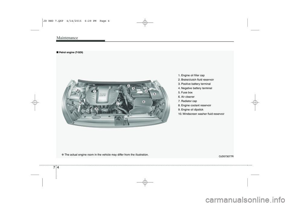 KIA CEED 2015  Owners Manual Maintenance
4
7
1. Engine oil filler cap 
2. Brake/clutch fluid reservoir
3. Positive battery terminal
4. Negative battery terminal
5. Fuse box
6. Air cleaner
7. Radiator cap
8. Engine coolant reservo