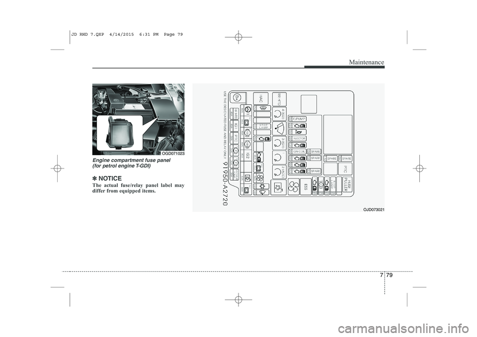 KIA CEED 2015  Owners Manual 779
Maintenance
Engine compartment fuse panel (for petrol engine T-GDI)
✽✽ NOTICE
The actual fuse/relay panel label may 
differ from equipped items.
OGD071023
OJD073021
JD RHD 7.QXP  4/14/2015  6: