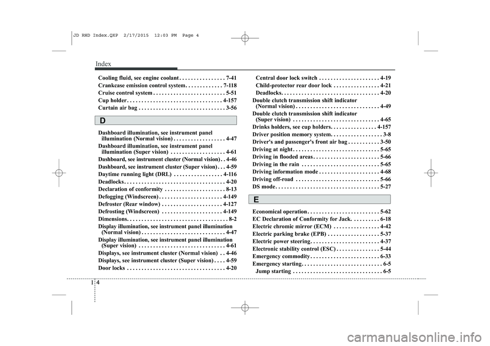 KIA CEED 2015  Owners Manual Index
4
I
Cooling fluid, see engine coolant . . . . . . . . . . . . . . . . 7-41 
Crankcase emission control system . . . . . . . . . . . . . 7-118
Cruise control system . . . . . . . . . . . . . . . 