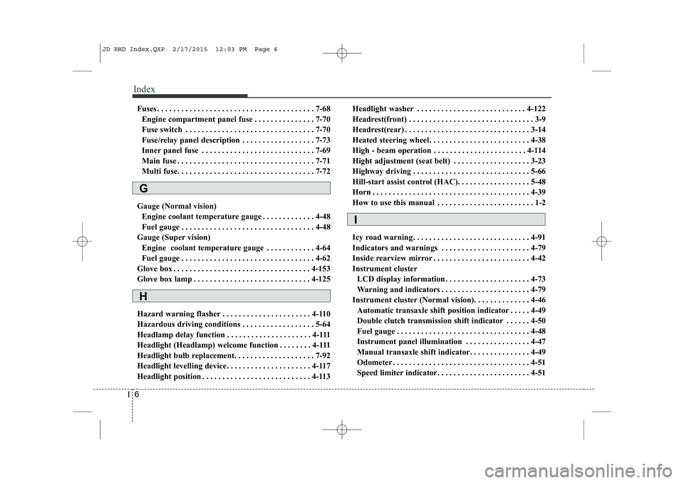 KIA CEED 2015  Owners Manual Index
6
I
Fuses . . . . . . . . . . . . . . . . . . . . . . . . . . . . . . . . . . . . . . . 7-68
Engine compartment panel fuse . . . . . . . . . . . . . . . 7-70 
Fuse switch . . . . . . . . . . . .