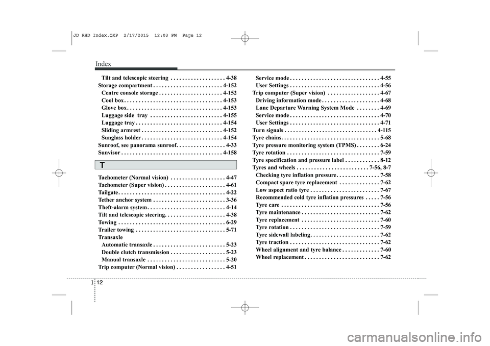 KIA CEED 2015  Owners Manual Index
12
I
Tilt and telescopic steering . . . . . . . . . . . . . . . . . . . 4-38
Storage compartment . . . . . . . . . . . . . . . . . . . . . . . . 4-152 Centre console storage . . . . . . . . . . 