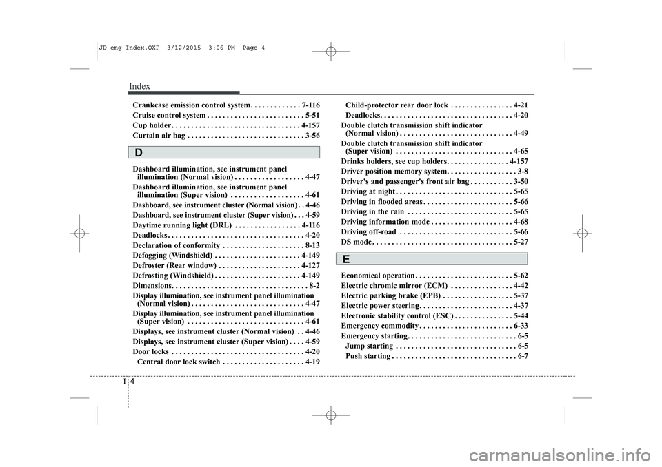 KIA CEED 2015  Owners Manual Index
4
I
Crankcase emission control system . . . . . . . . . . . . . 7-116 
Cruise control system . . . . . . . . . . . . . . . . . . . . . . . . . 5-51
Cup holder . . . . . . . . . . . . . . . . . .