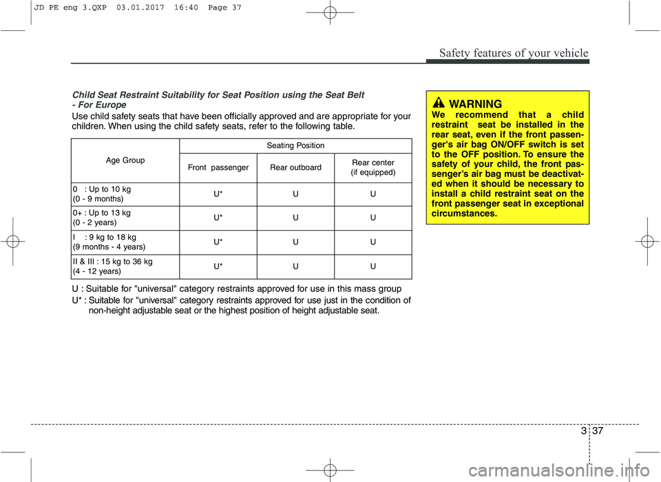 KIA CEED 2017 Owners Manual 337
Safety features of your vehicle
Child Seat Restraint Suitability for Seat Position using the Seat Belt- For Europe
Use child safety seats that have been officially approved and are appropriate for KIA CEED 2017 Owners Manual 337
Safety features of your vehicle
Child Seat Restraint Suitability for Seat Position using the Seat Belt- For Europe
Use child safety seats that have been officially approved and are appropriate for