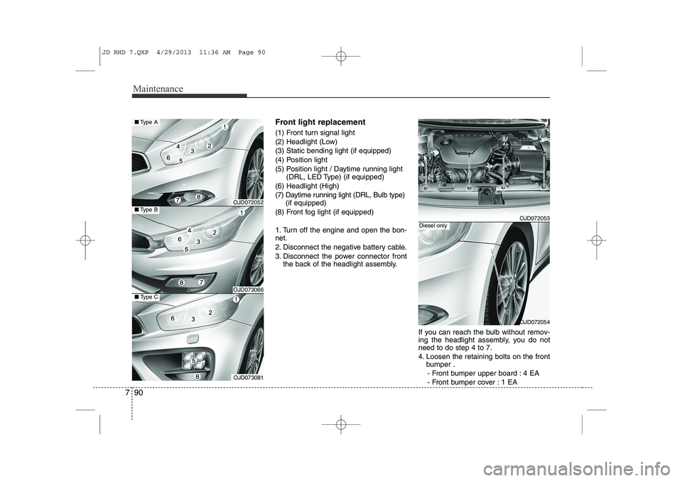 KIA CEED 2014  Owners Manual Maintenance
90
7
Front light replacement 
(1) Front turn signal light 
(2) Headlight (Low)(3) Static bending light (if equipped)
(4) Position light
(5) Position light / Daytime running light
(DRL, LED