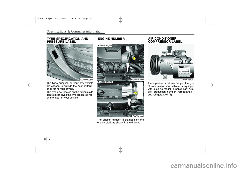 KIA CEED 2014  Owners Manual Specifications & Consumer information
12
8
AIR CONDITIONER  COMPRESSOR LABEL
The tyres supplied on your new vehicle 
are chosen to provide the best perform-
ance for normal driving. 
The tyre label lo
