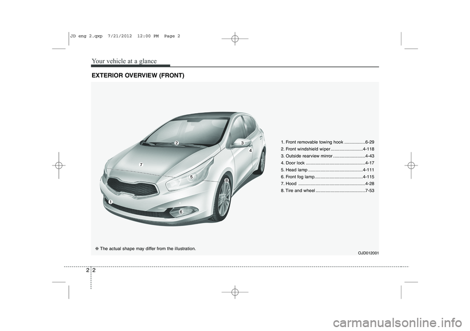 KIA CEED 2013  Owners Manual Your vehicle at a glance
2
2
EXTERIOR OVERVIEW (FRONT)
1. Front removable towing hook .................6-29 
2. Front windshield wiper ..........................4-118
3. Outside rearview mirror ......