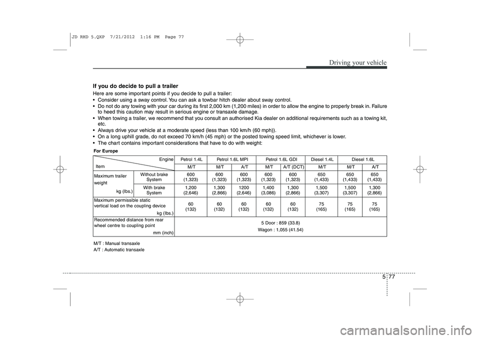 KIA CEED 2013  Owners Manual 577
Driving your vehicle
If you do decide to pull a trailer   
Here are some important points if you decide to pull a trailer: 
 Consider using a sway control. You can ask a towbar hitch dealer about