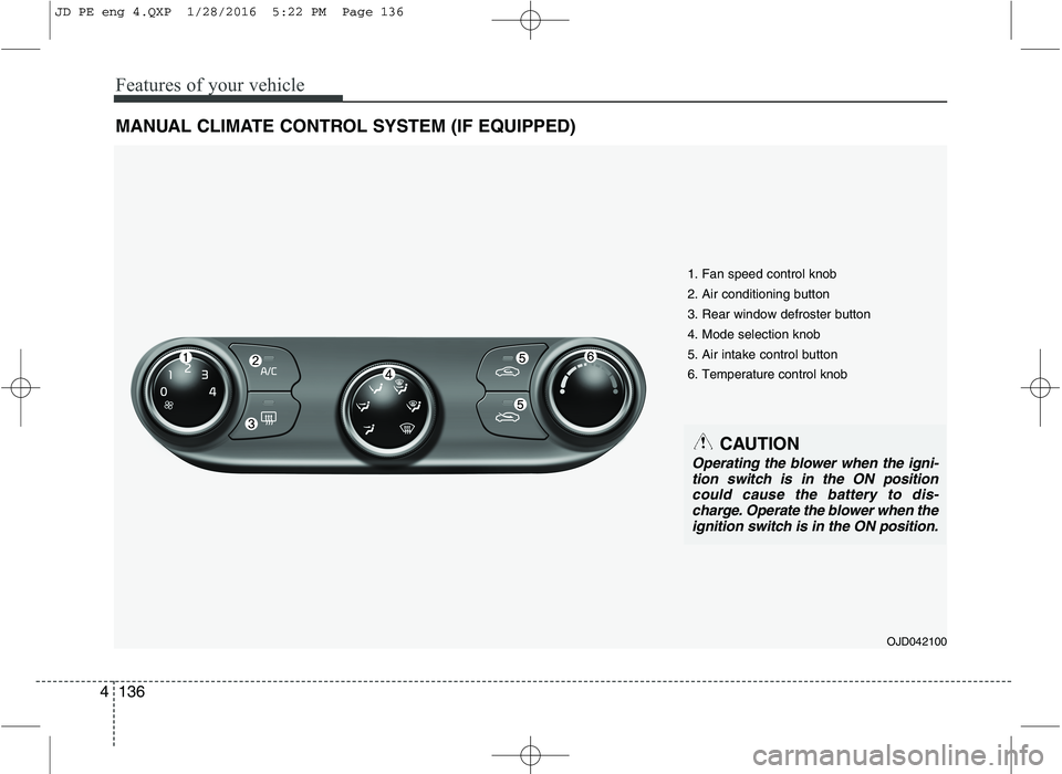 KIA CEED 2016  Owners Manual Features of your vehicle
136
4
MANUAL CLIMATE CONTROL SYSTEM (IF EQUIPPED)
OJD042100
1. Fan speed control knob 2. Air conditioning button 3. Rear window defroster button4. Mode selection knob5. Air in