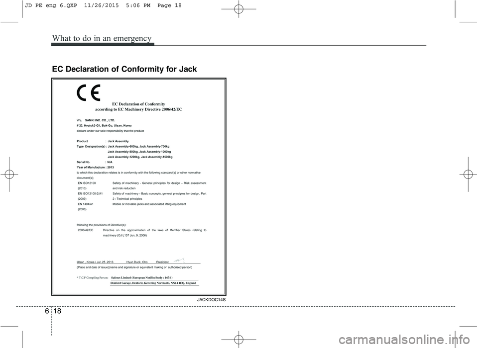 KIA CEED 2016  Owners Manual What to do in an emergency
18
6
EC Declaration of Conformity for Jack
JACKDOC14S
JD PE eng 6.QXP  11/26/2015  5:06 PM  Page 18  