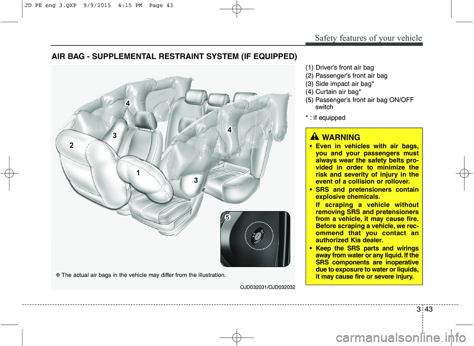 KIA CEED 2016 Owners Manual 343
Safety features of your vehicle
(1) Driver’s front air bag
(2) Passenger’s front air bag(3) Side impact air bag*
(4) Curtain air bag*
(5) Passenger’s front air bag ON/OFFswitch
* : if equip KIA CEED 2016 Owners Manual 343
Safety features of your vehicle
(1) Driver’s front air bag
(2) Passenger’s front air bag(3) Side impact air bag*
(4) Curtain air bag*
(5) Passenger’s front air bag ON/OFFswitch
* : if equip