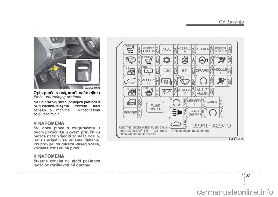 KIA CEED SPORTWAGON 2014  Owners Manual 767
Održavanje
Opis ploče s osiguračima/relejimaPloča unutrašnjeg pretinca
Na unutrašnjoj strani poklopca pretinca s
osiguračima/relejima možete naći
oznaku s imenima i kapacitetima
osigurač