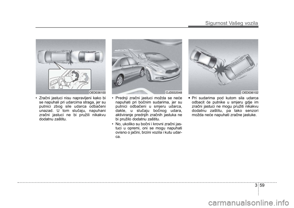 KIA CEED SPORTWAGON 2014  Owners Manual 359
Sigurnost Vašeg vozila
• Zračni jastuci nisu napravljeni kako bise napuhali pri udarcima straga, jer su
putnici zbog sile udarca odbačeni
unazad. U tom slučaju, napuhani
zračni jastuci ne b